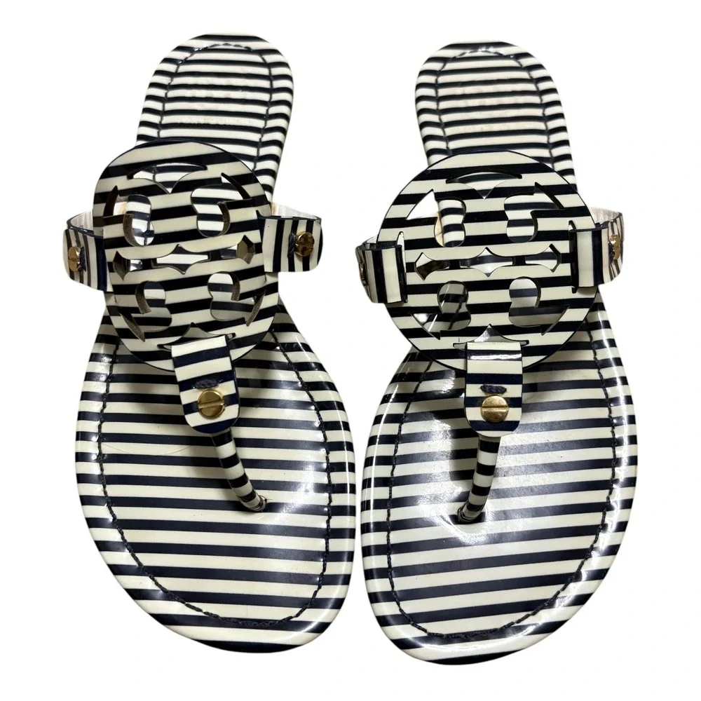 Tory Burch Womens 6.5 Miller Thong Sandals Navy White Striped Patent Logo Flat